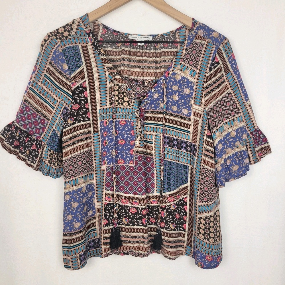 American Eagle Patchwork Mixed Print Lace Up Tassel Blouse Small Boho Peasant